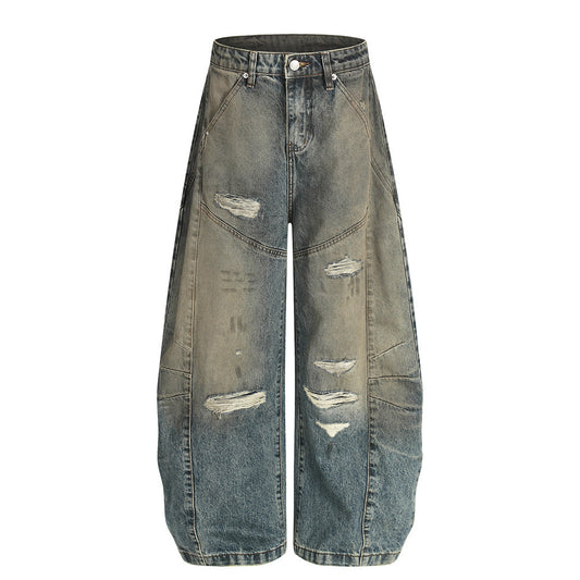Streetwear Men's Denim Jeans, Post-Apocalyptic Style Distressed Ripped Dagger Cut-Offs, Loose Fit Men's Pants