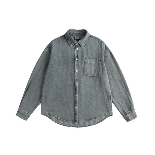 Minimally Washed Vintage Light Denim Long Sleeve Shirt for Men