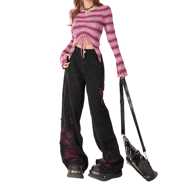 Washed Distressed Wide Leg Pants with Butterfly Pattern