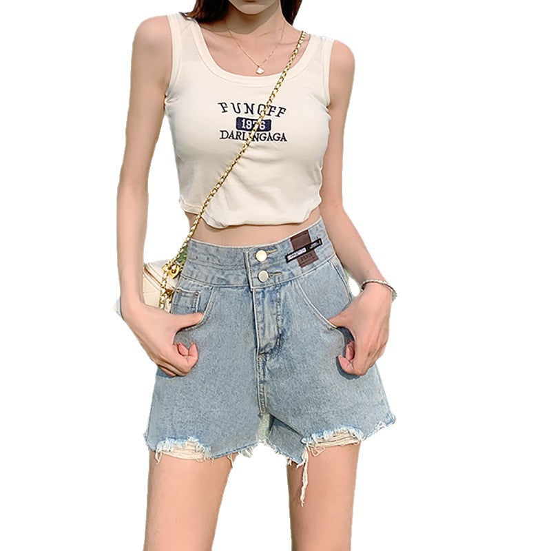 Versatile Casual High-Waisted Double-Button Denim Shorts for Women