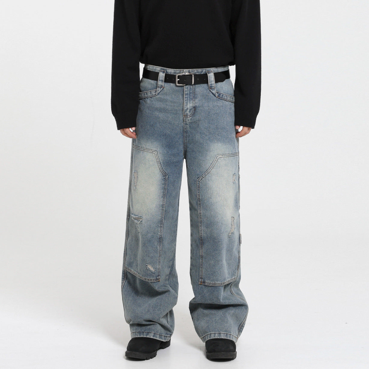 Vintage Washed Ripped Denim Pants for Men - Autumn Winter Loose Wide Leg Straight Cut Casual Wear