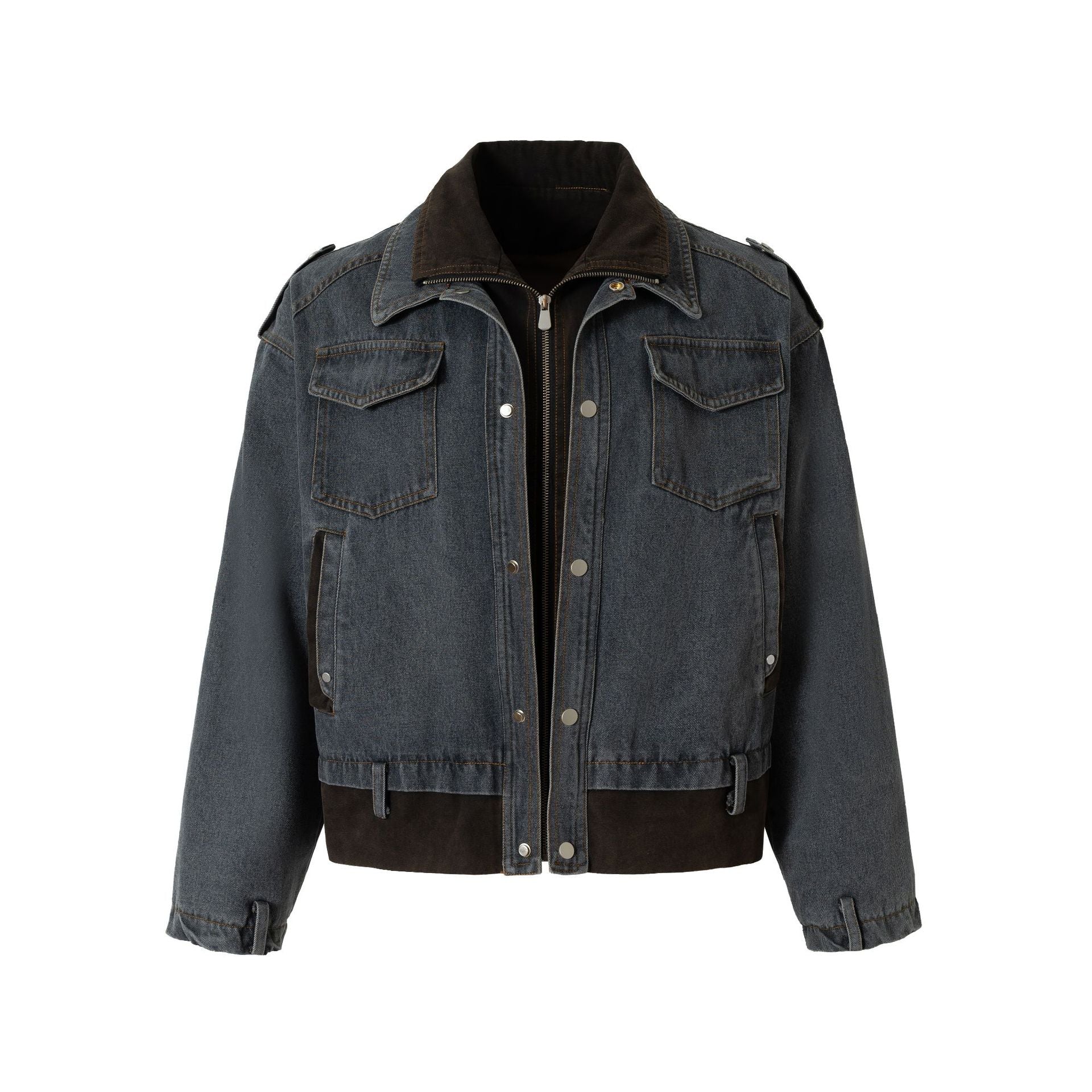 Street Style High-Street Stand Collar Patchwork Functional Denim Jacket