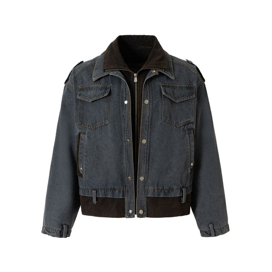 Street Style High-Street Stand Collar Patchwork Functional Denim Jacket