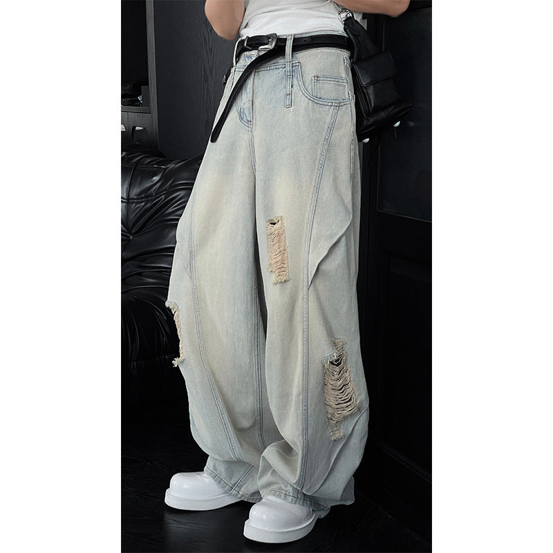 Washed Ripped Denim Curved Knife Hanging Loose Wide Leg Pants