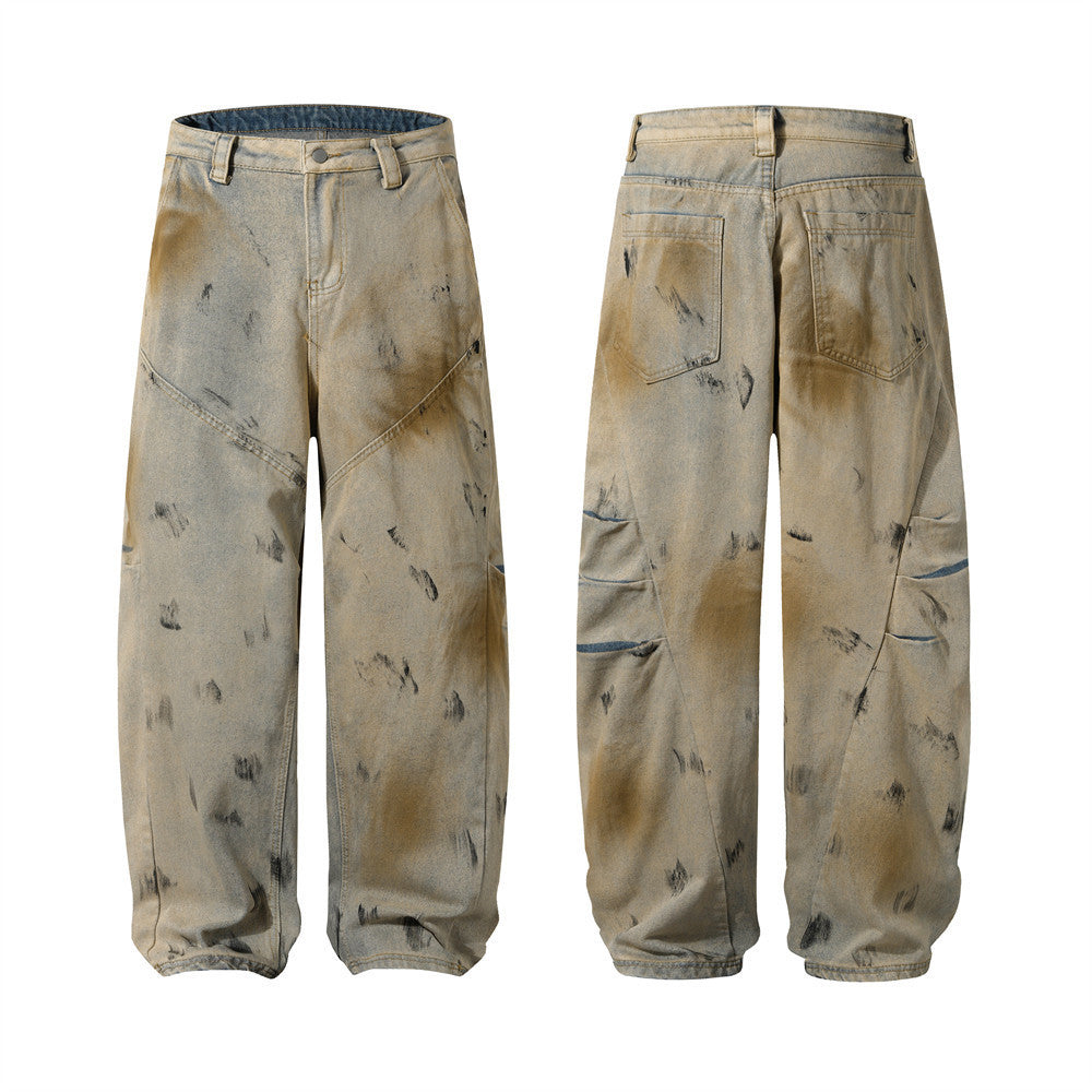 Men's Wide-Leg Punk Style Denim Pants with Splatter Paint
