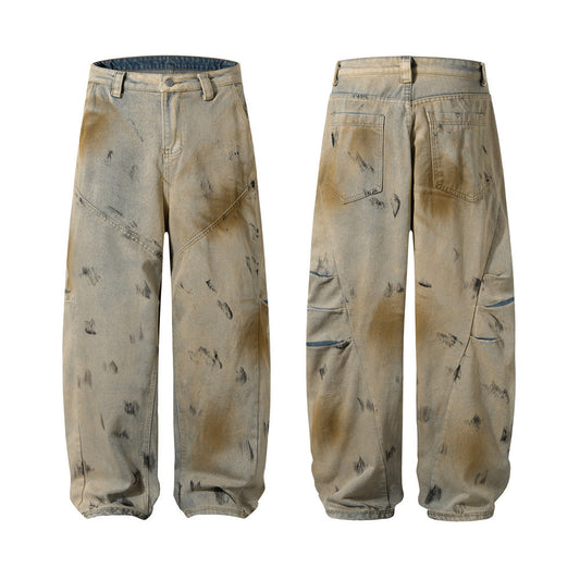 Men's Wide-Leg Punk Style Denim Pants with Splatter Paint