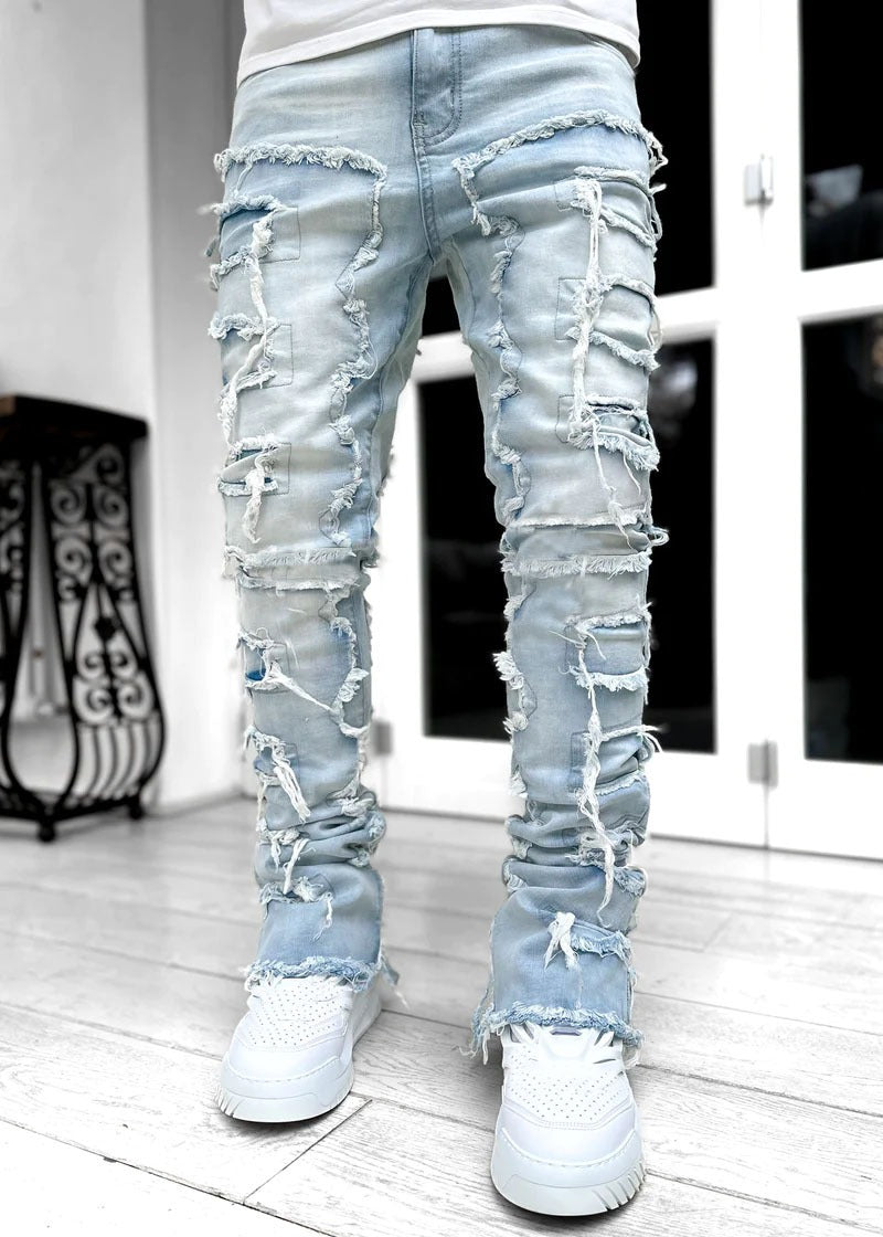 Men's Straight Leg Denim Pants with Elastic Patch Fabric