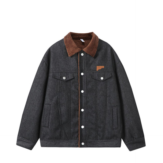Embroidered Logo Lamb Fleece Denim Collar Cotton Jacket