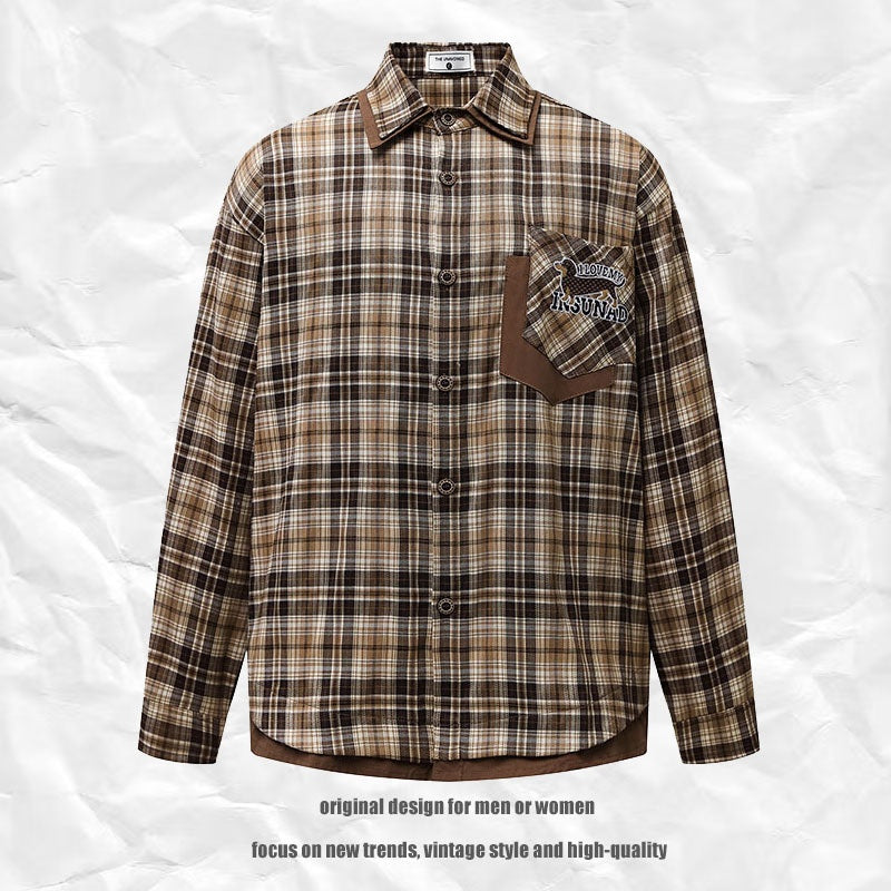 Brown Plaid Shirt Loose Casual Blouse Jacket Long Sleeve Top