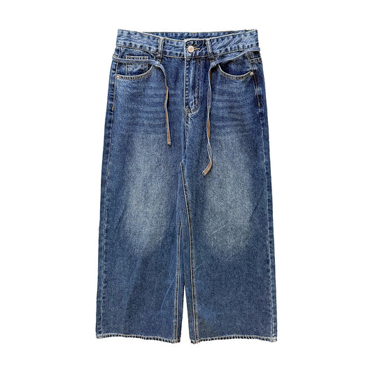 Adjustable Drawstring Wide Leg Denim Pants for Women - Casual Loose Fit Trousers