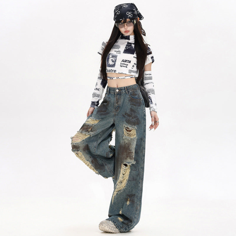 Street Distressed Graffiti Denim Pants for Women - Loose High Waist Wide Leg Trousers