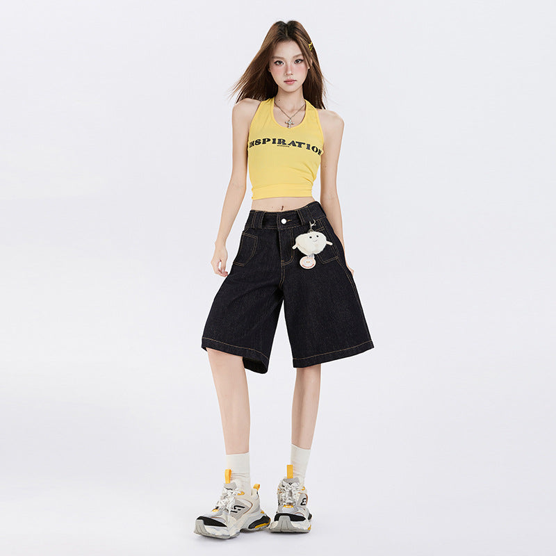 Color-Blocked Denim Pants for Women Casual Loose Straight Leg Capri Pants