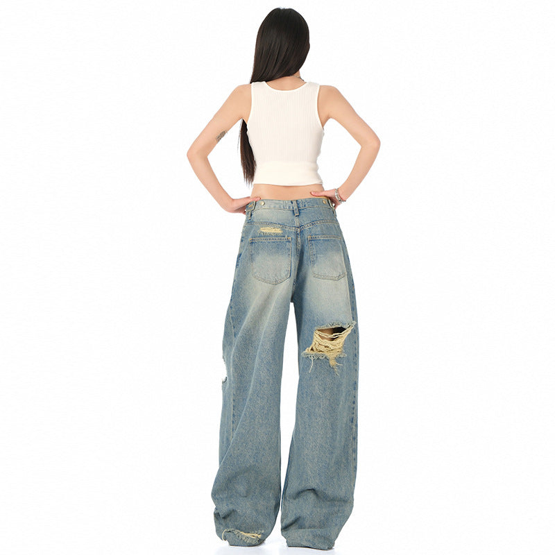 Women's Blue Distressed Straight Jeans - High Waist Loose Wide Leg Pants