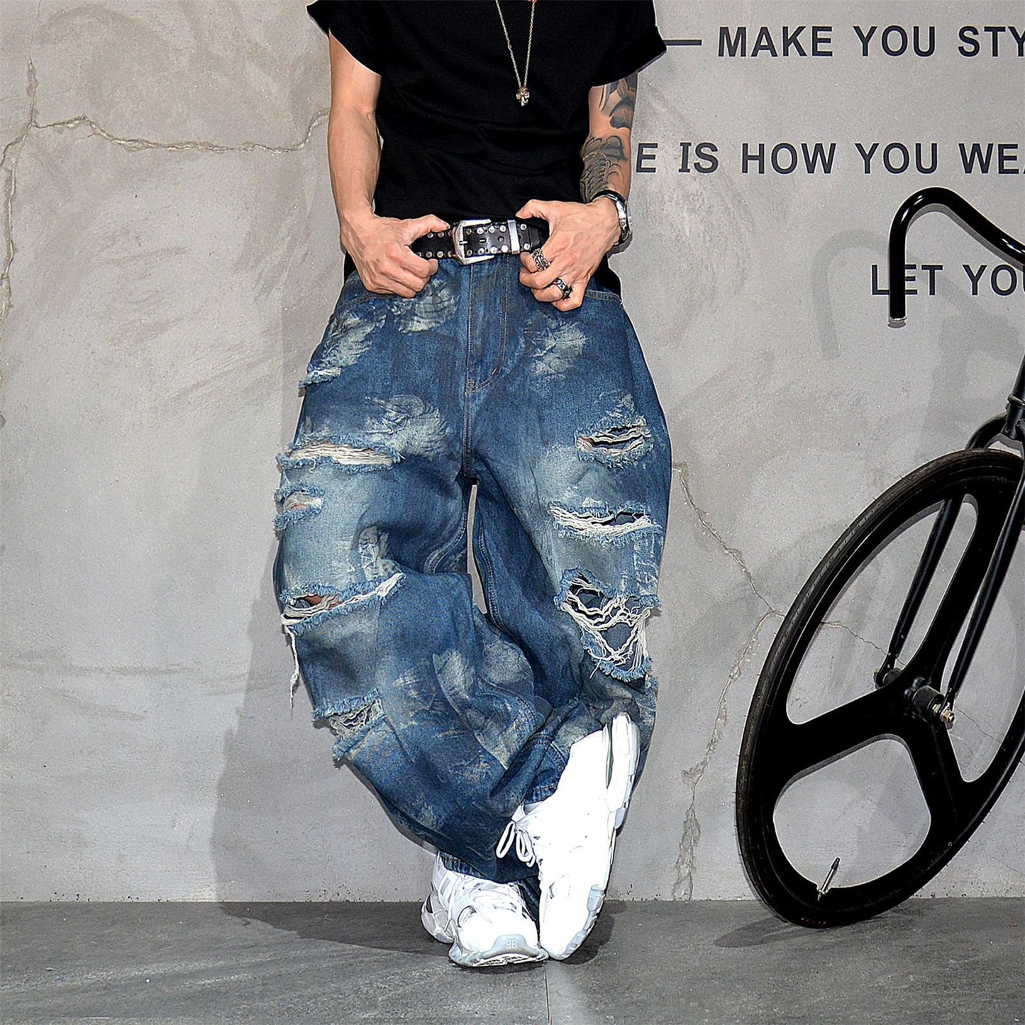 Retro Distressed Heavy-Duty Wide Leg Loose Jeans