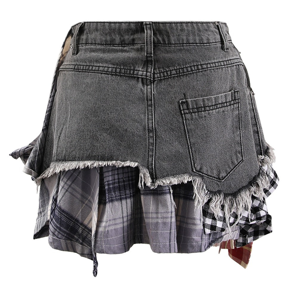 Women's Summer Denim Skirt - Irregular Plaid High Waisted Short Skirt