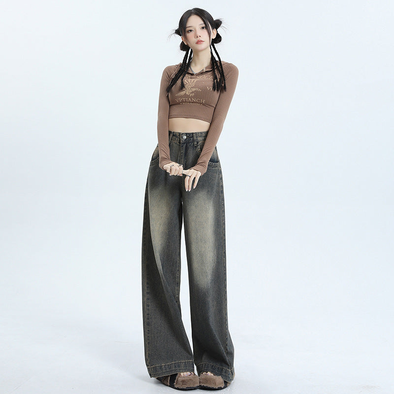 Women's Wide-Leg High-Waisted Distressed Jeans - Vintage Blue