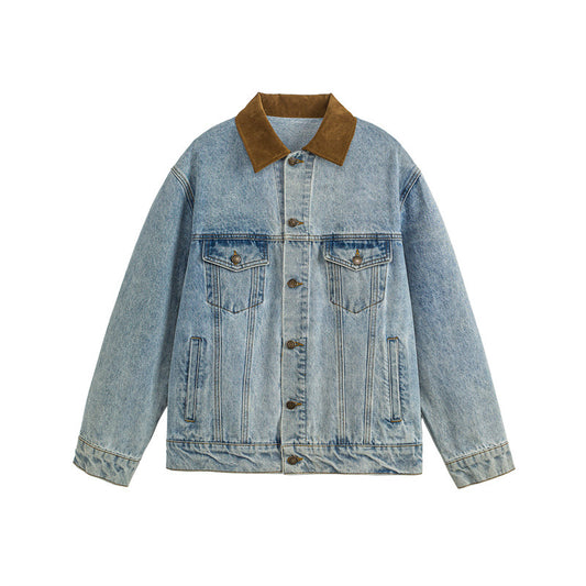 Color-Blocked Turn-Down Collar Casual Denim Jacket for Men and Women