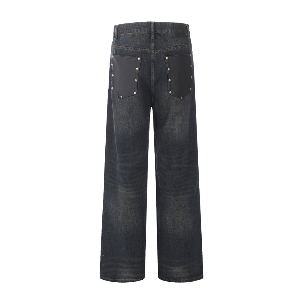 Distressed Punk Denim Trousers with Rivets and Color Block Pocket