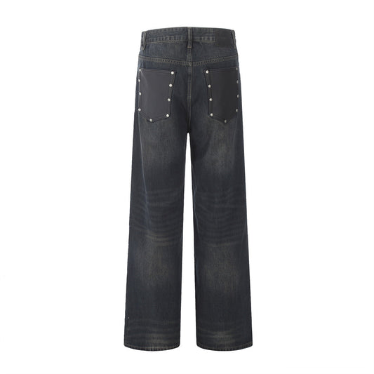 Distressed Punk Denim Trousers with Rivets and Color Block Pocket