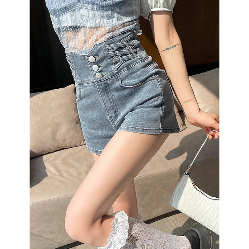 Casual High-Waisted Buttoned Denim A-Line Shorts for Women
