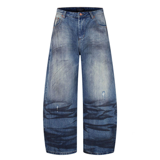Wash Dirty Dyed Denim Curved Knife Wide Leg Pants