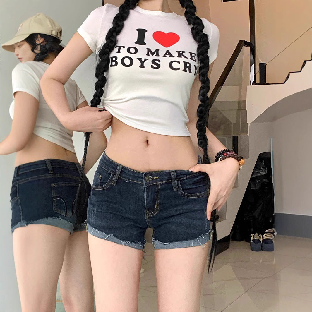 Low Waist Hip-Padded Denim Shorts for Women with Frayed Hem and Pockets - Sexy Fitted Skirt Style