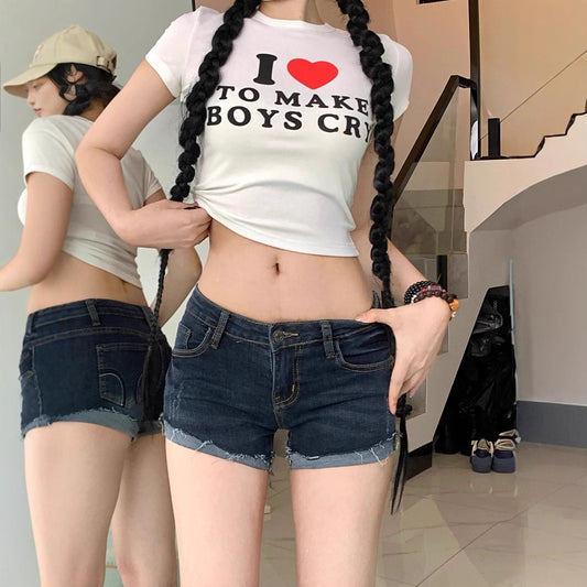 Low Waist Hip-Padded Denim Shorts for Women with Frayed Hem and Pockets - Sexy Fitted Skirt Style