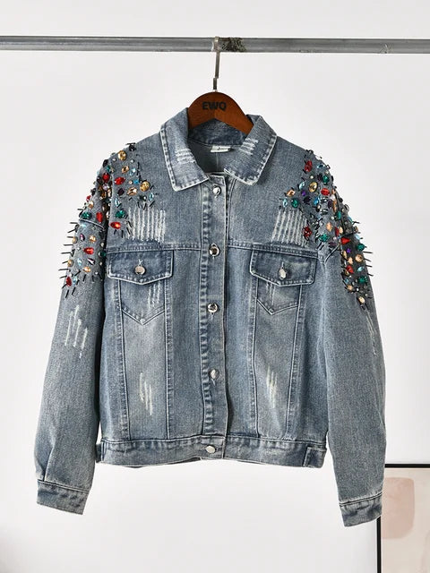 Long Sleeve Colorful Rivet Denim Jacket - Vintage Outwear