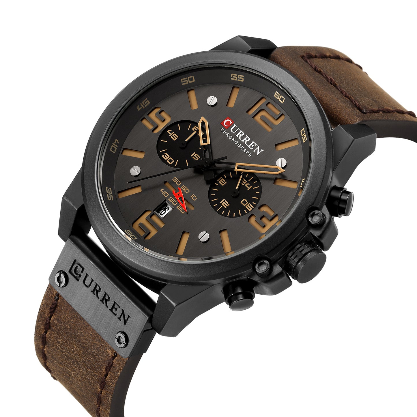Men's Sports Six Pin Quartz Watch with Calendar - Waterproof Leather Strap