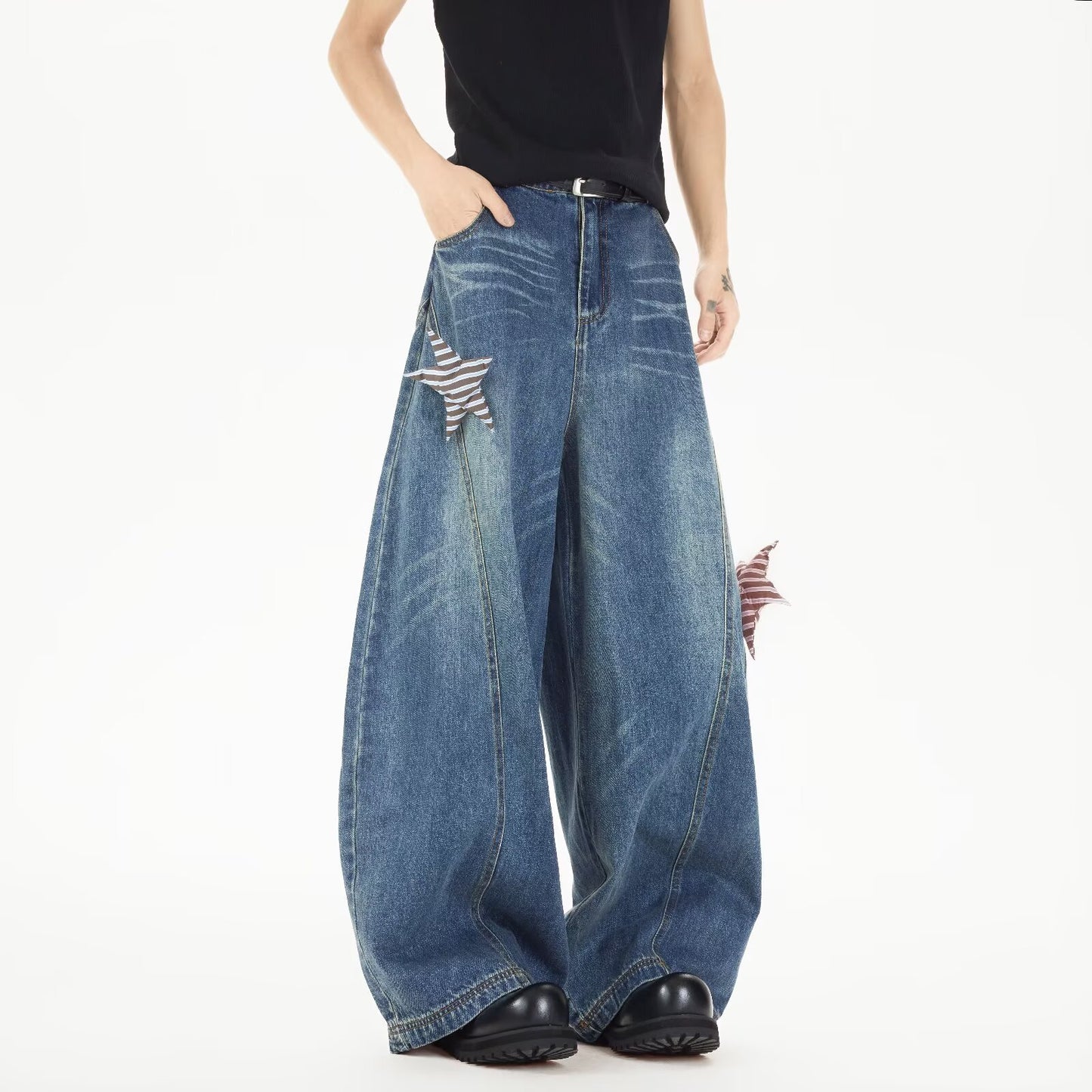 Star Bending Knife Denim Casual Loose Wide Leg Pants