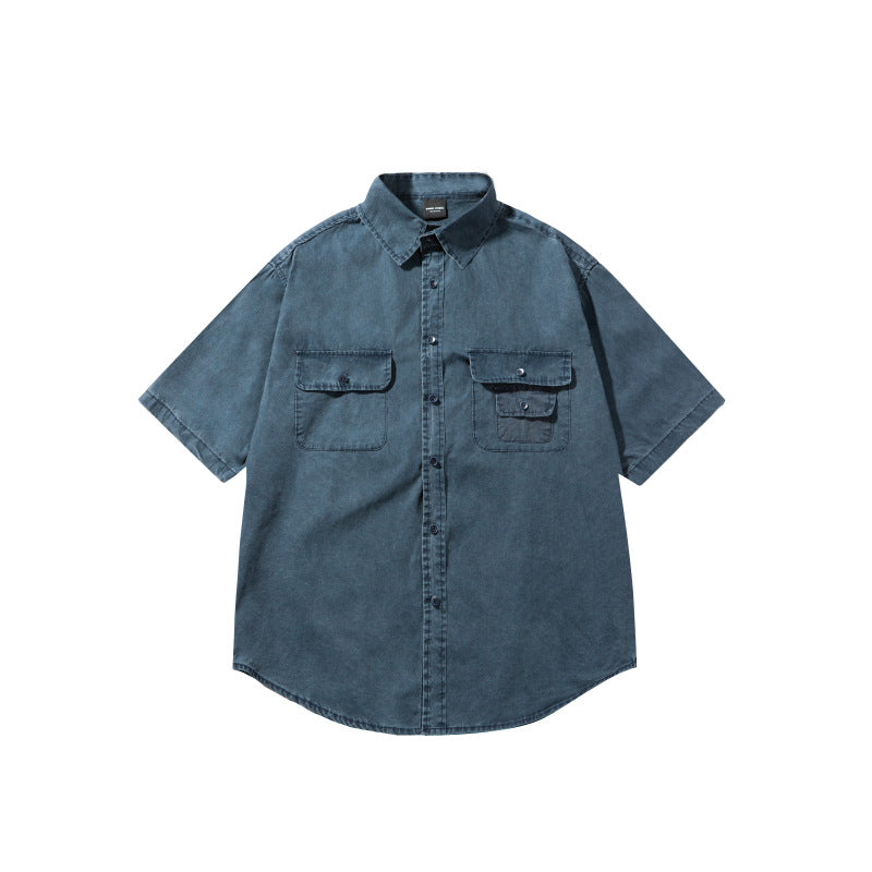 Retro Washed Distressed Patch Pocket Loose Workwear Shirt for Men