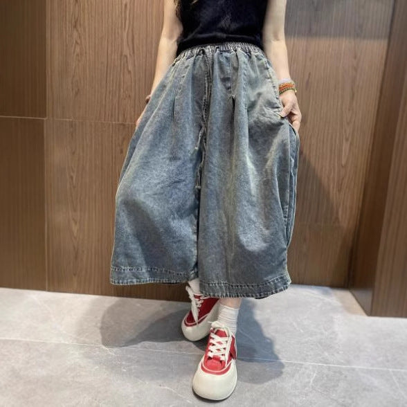 Vintage Washed Denim Pants for Women – Casual Loose Fashion Seven-Quarter Wide-Leg Style