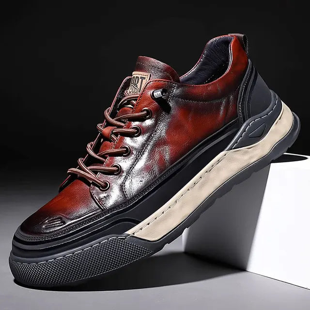 Men's Lace-Up Real Leather Sports Sneakers - Genuine Leather Casual Shoes