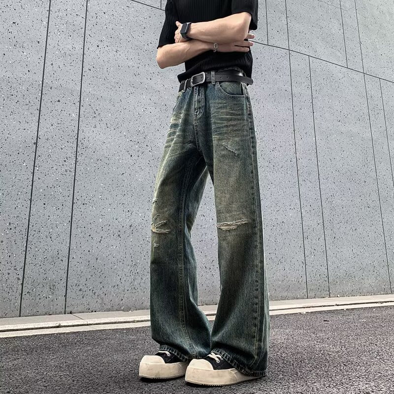 Ripped Denim Distressed Washed Loose Straight Leg Pants