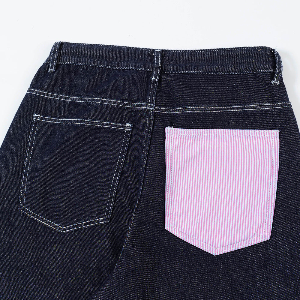 Color Blocked Flanged Denim Straight Leg Pants for Men