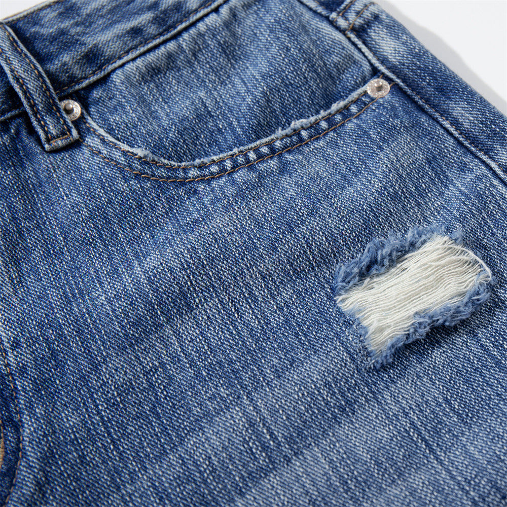 Ripped Blue Denim Shorts — Mid Rise Straight Fit for Casual Street Style
