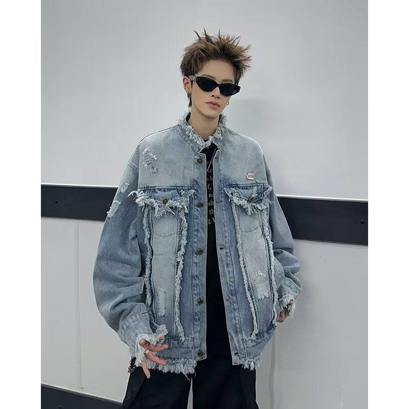 Washed Denim Jacket with Tassel and Frayed Edges
