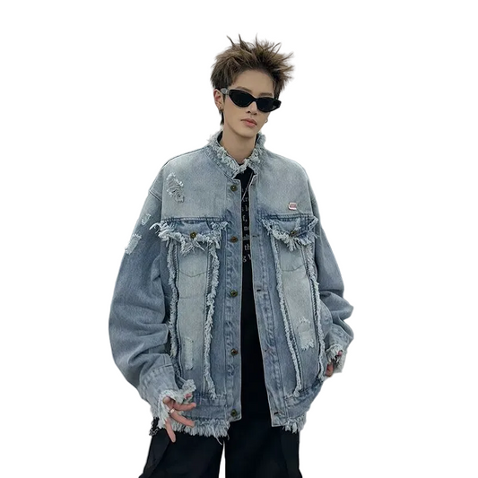 Washed Denim Jacket with Tassel and Frayed Edges
