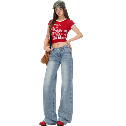 Women's Low Waist Straight Trumpet Jeans - Loose Drape Flare Pants