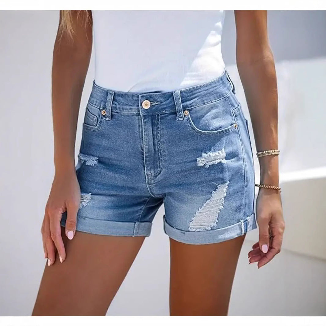 Women's High-Waist Comfortable Slimming Fashion Straight-Leg Casual Denim Shorts