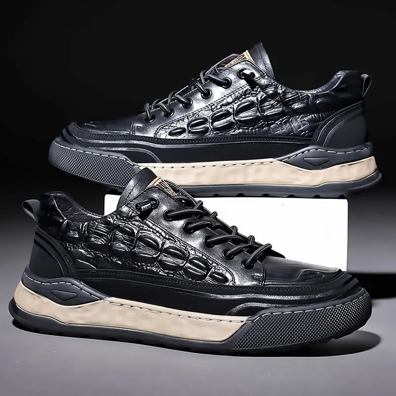 Men's Lace-Up Real Leather Sports Sneakers - Genuine Leather Casual Shoes