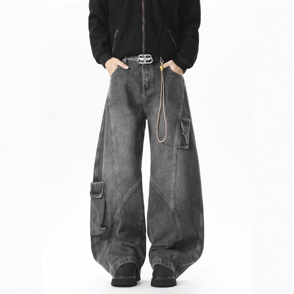 Deconstructed Oversized Pocket Cargo Jeans - Shape Casual Wide-Leg Pants