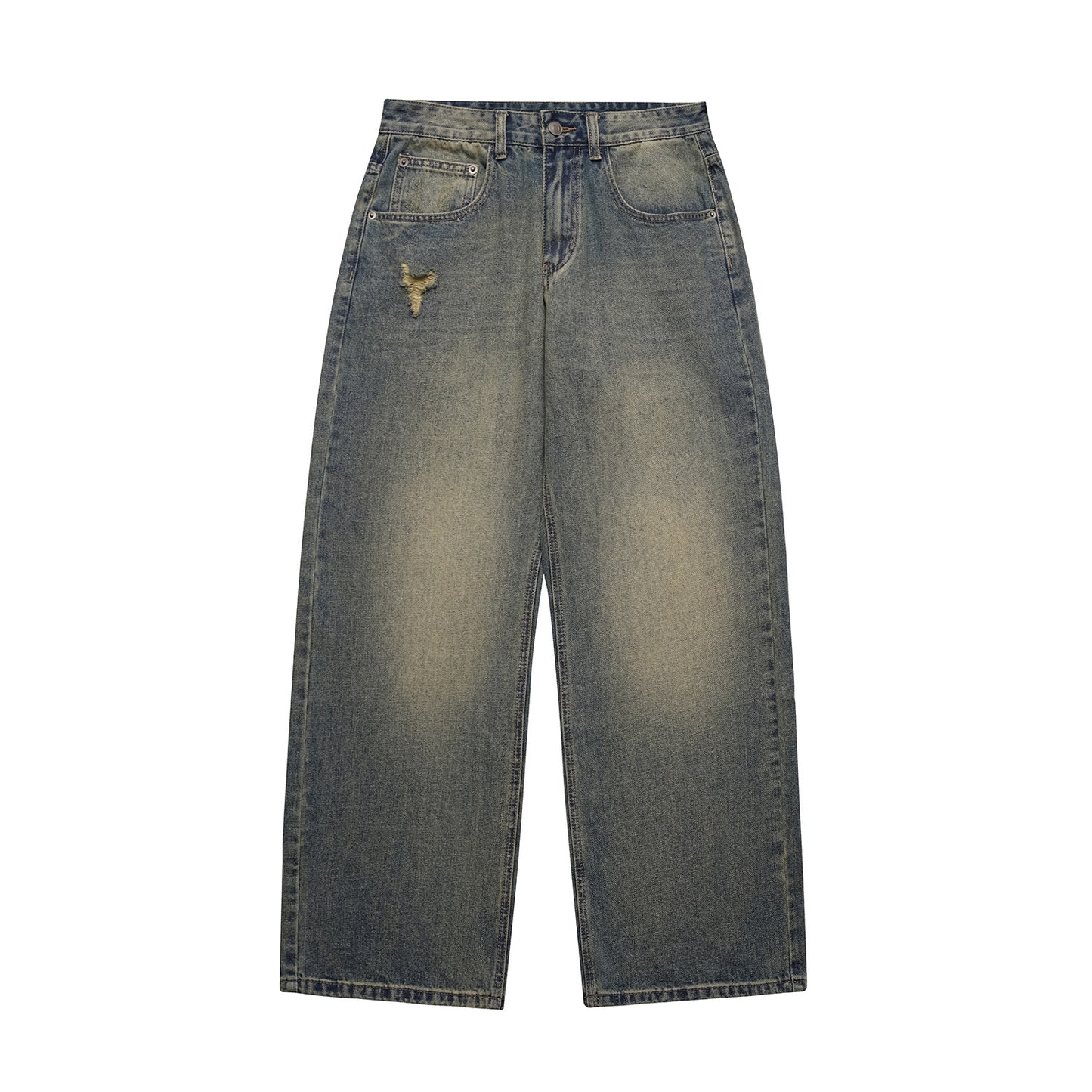 Washed Distressed Yellow Mud Dye Ripped Loose Jeans