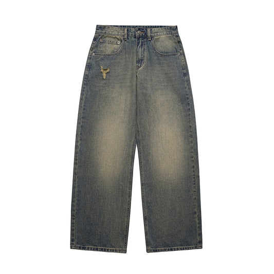 Washed Distressed Yellow Mud Dye Ripped Loose Jeans