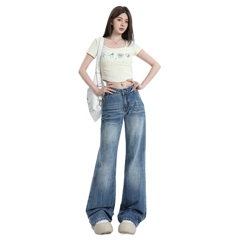 Women's Low Waist Flared Jeans with Cracked Design Long Pants