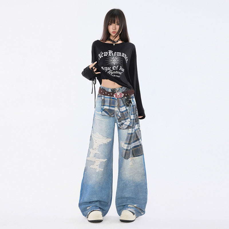 Women's Shirt Belt Printed Denim Straight Leg Trousers