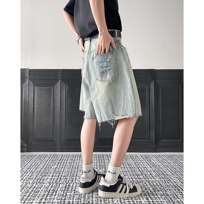 Ripped Denim Relaxed Fit Five-Quarter Pants