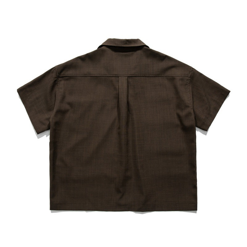 Solid Color Patch Pocket Cuban Collar Loose Workwear Short Sleeved Shirt for Men