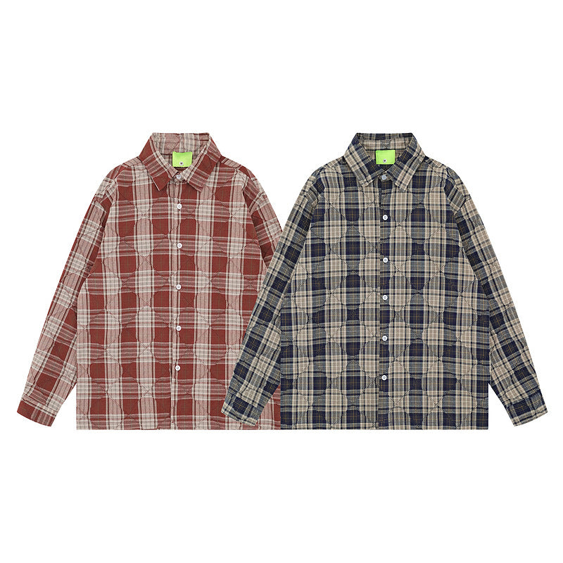 Pleated Design Wine Red Checkered Long Sleeve Shirt for Men