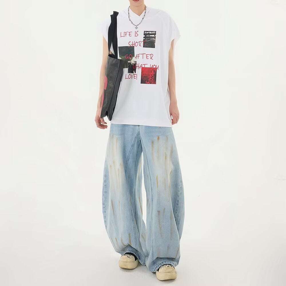 Distressed Wide-Leg Floor-Length Denim Pants with Curved Knife Design